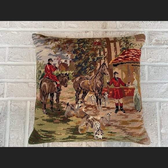 Equestrian Petit Point Needlepoint Pillow - Hounds and Horses - Fox Hunt - EUC - Picture 2 of 5